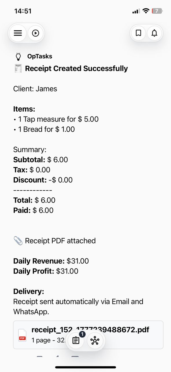 OpTasks receipt automation screen